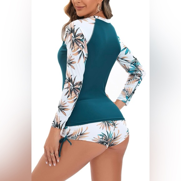 NWOT YATEEN Tropical Teal Long Sleeve Sun Protection Rash Guard 2pc Swimsuit M - Picture 2 of 9